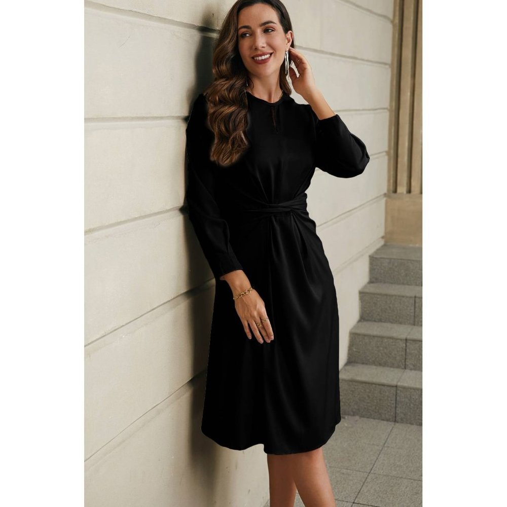 Black Twist Front Tie Back Long Sleeve Satin Dress